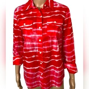 Jones New York Button Shirt Sz XL Red Tie Dye Roll Tab Sleeves Lightweight